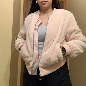 Fuzzy teddy bear pink bomber jacket